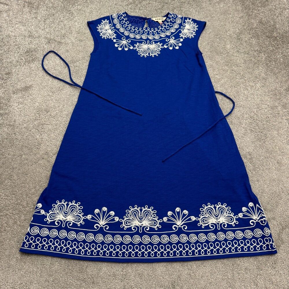 Boden Embroidered Jersey Cotton Shift Belted Mini Dress Womens 4R Blue Boho NWT